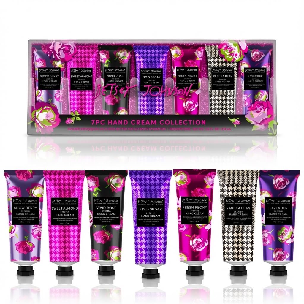 Betsey Johnson Hand Cream Gift Set – 7 Piece Travel Size Lotion Collection for Women, Mini Hand Creams for Dry Skin, Moisturizing Hand Lotion with Lavender, Rose, Vanilla & More – 30ml Each - görsel 1