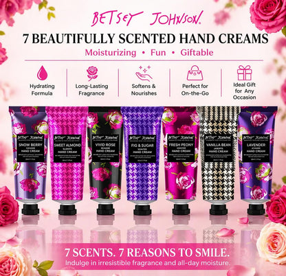Betsey Johnson Hand Cream Gift Set – 7 Piece Travel Size Lotion Collection for Women, Mini Hand Creams for Dry Skin, Moisturizing Hand Lotion with Lavender, Rose, Vanilla & More – 30ml Each