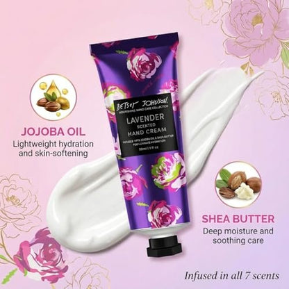 Betsey Johnson Hand Cream Gift Set – 7 Piece Travel Size Lotion Collection for Women, Mini Hand Creams for Dry Skin, Moisturizing Hand Lotion with Lavender, Rose, Vanilla & More – 30ml Each