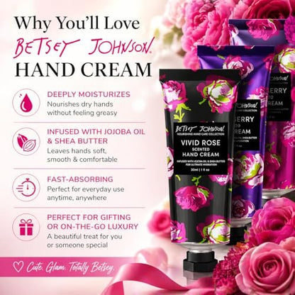 Betsey Johnson Hand Cream Gift Set – 7 Piece Travel Size Lotion Collection for Women, Mini Hand Creams for Dry Skin, Moisturizing Hand Lotion with Lavender, Rose, Vanilla & More – 30ml Each