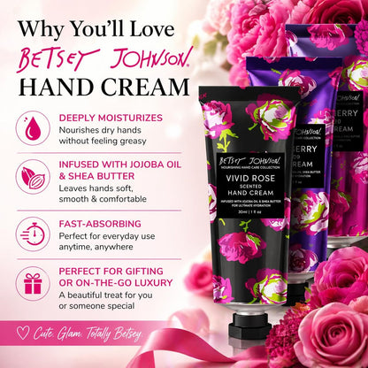 Betsey Johnson Hand Cream Gift Set – 7 Piece Travel Size Lotion Collection for Women, Mini Hand Creams for Dry Skin, Moisturizing Hand Lotion with Lavender, Rose, Vanilla & More – 30ml Each