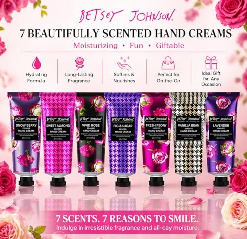 Betsey Johnson Hand Cream Gift Set – 7 Piece Travel Size Lotion Collection for Women, Mini Hand Creams for Dry Skin, Moisturizing Hand Lotion with Lavender, Rose, Vanilla & More – 30ml Each - görsel 4