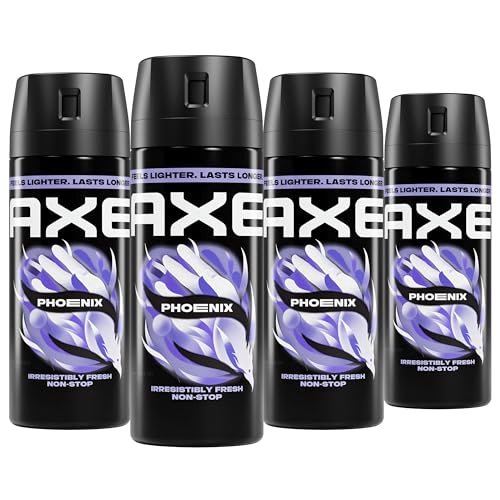 AXE Body Spray Phoenix 4 Count Pack - Apollo Scent, 48 Hour Freshness, Aluminum Free Deodorant Spray for Men, 2.9 oz Each Avelisse