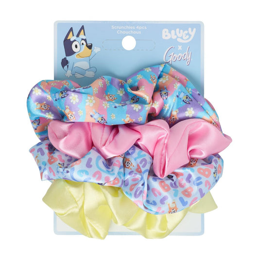 Goody x Bluey Multicolor Satin Scrunchies - 4 Count, Ouchless Hold for All Hair Types