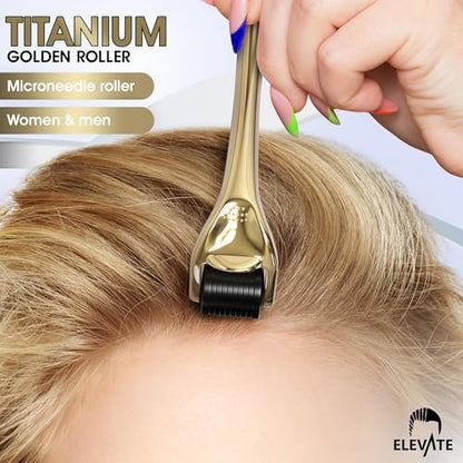 Elevate Derma Roller 0.25mm - 540 Titanium Microneedle Roller for Face, Skin, Hair & Beard - Gold - Includes Storage Case