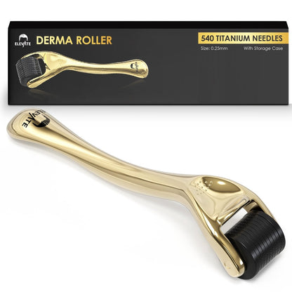 Elevate Derma Roller 0.25mm - 540 Titanium Microneedle Roller for Face, Skin, Hair & Beard - Gold - Includes Storage Case
