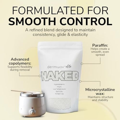 Dermwax Elite Naked Clear Hard Wax Beads – Transparent Gel Formula for Detailed Waxing, Hypoallergenic & Fragrance-Free, Low Temp Melt, Quick Set, 32 oz Avelisse