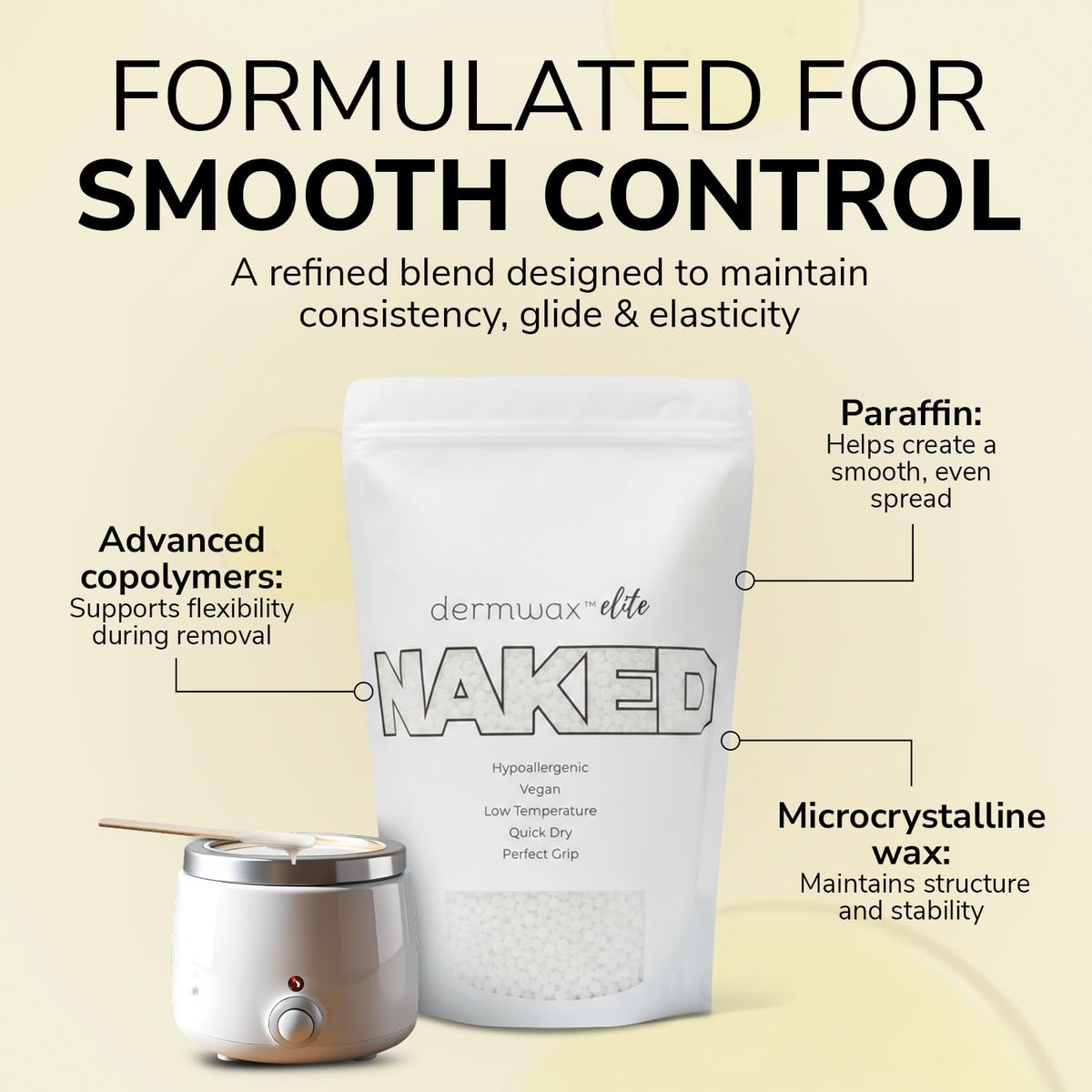Dermwax Elite Naked Clear Hard Wax Beads – Transparent Gel Formula for Detailed Waxing, Hypoallergenic & Fragrance-Free, Low Temp Melt, Quick Set, 32 oz Avelisse
