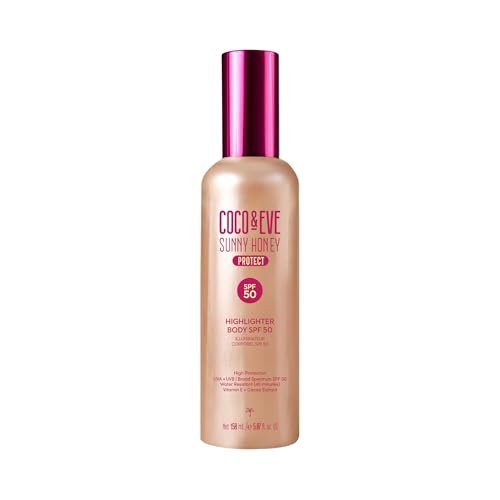 Coco & Eve Body Highlighter SPF 50 – Shimmer Sunscreen, Broad Spectrum Sun Protection, Lightweight Serum-Like Lotion with Pearlescent Minerals & Vitamin E for Hydrated & Glowing Skin, 5.07 Fl Oz Avelisse