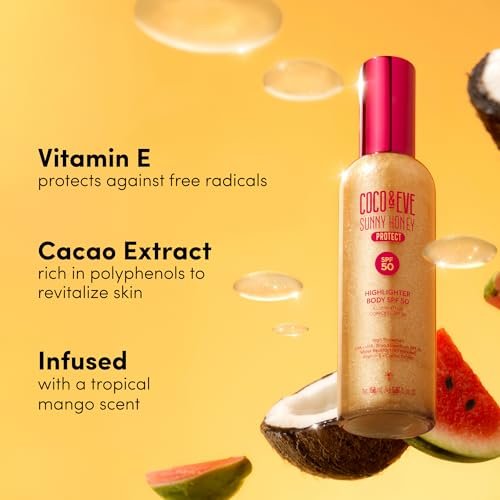 Coco & Eve Body Highlighter SPF 50 – Shimmer Sunscreen, Broad Spectrum Sun Protection, Lightweight Serum-Like Lotion with Pearlescent Minerals & Vitamin E for Hydrated & Glowing Skin, 5.07 Fl Oz Avelisse