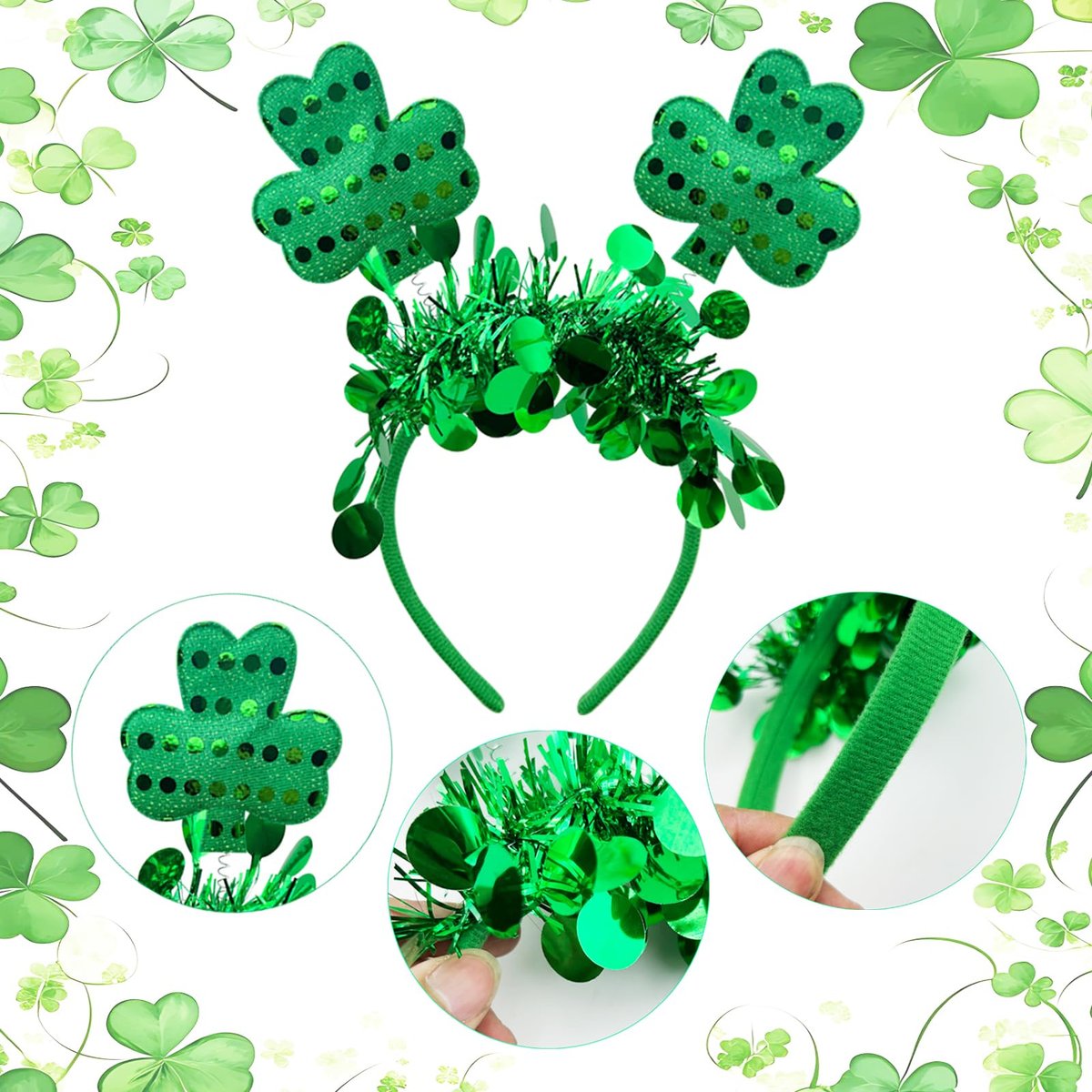 6 Pack St. Patrick's Day Headbands - Green Shamrock Clover Hairbands for Party Favors - görsel 9