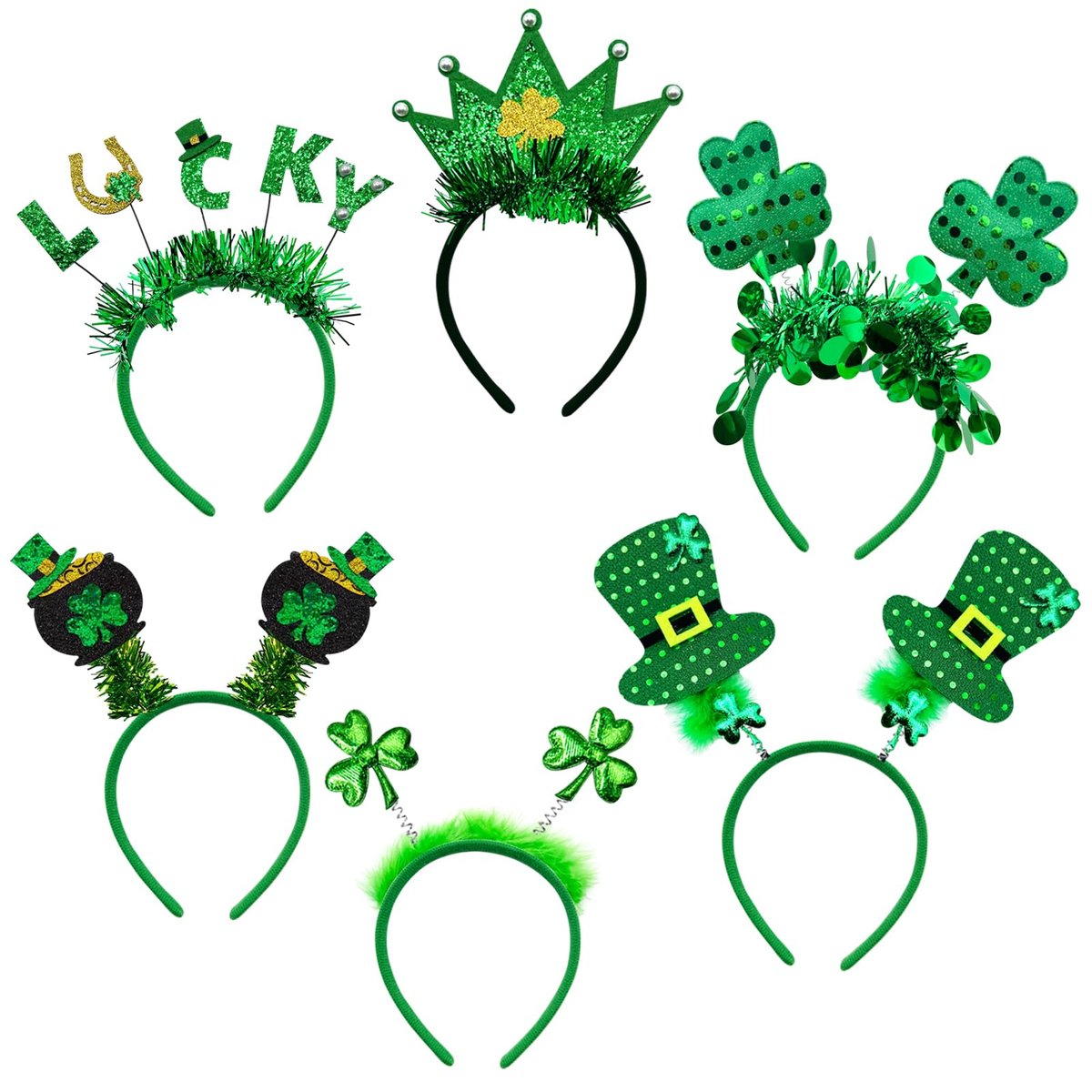 6 Pack St. Patrick's Day Headbands - Green Shamrock Clover Hairbands for Party Favors - görsel 1