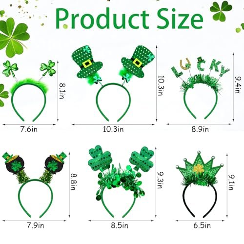 6 Pack St. Patrick's Day Headbands - Green Shamrock Clover Hairbands for Party Favors - görsel 4