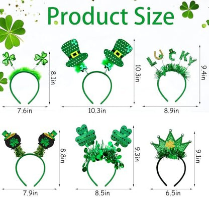 6 Pack St. Patrick's Day Headbands - Green Shamrock Clover Hairbands for Party Favors
