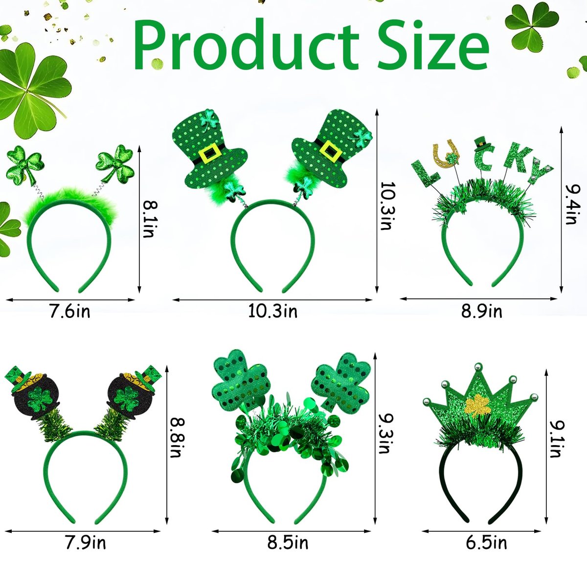 6 Pack St. Patrick's Day Headbands - Green Shamrock Clover Hairbands for Party Favors - görsel 3