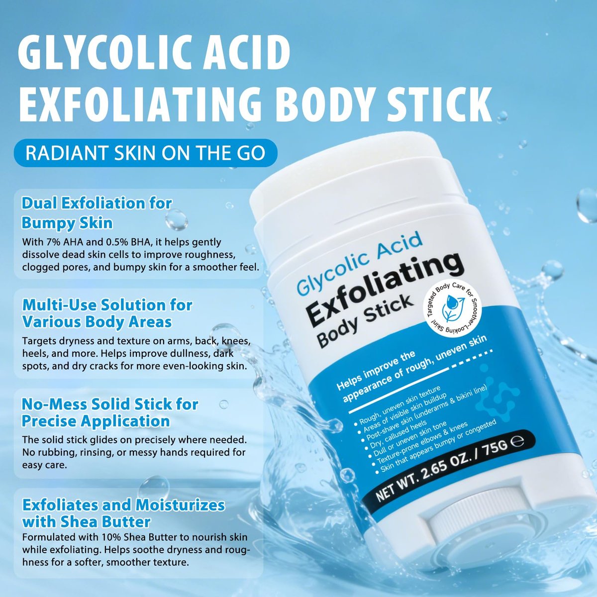 TEEROVA Exfoliating Body Stick with Glycolic Acid - Solid Non-Stick Formula for Smooth, Soft, Nourished Skin - görsel 5