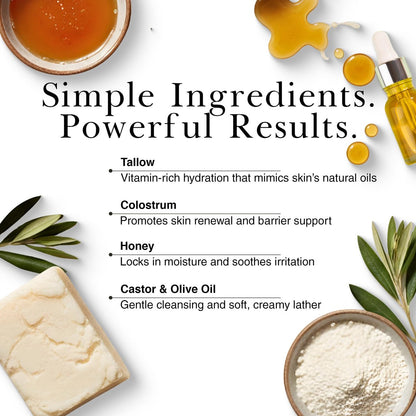 Nurst Tallow Colostrum Soap Bar - Handmade Grass-Fed Tallow & Honey Soap for Face, Body & Hands - Simple, Natural Ingredients for All Skin Types - 4.5 oz
