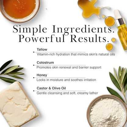 Nurst Tallow Colostrum Soap Bar - Handmade Grass-Fed Tallow & Honey Soap for Face, Body & Hands - Simple, Natural Ingredients for All Skin Types - 4.5 oz