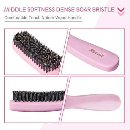 Slick Back Hair Brush - Pink Wood Handle Boar Bristles Smoothing Hairbrush, Anti-Frizz Edge Control for Women and Men Avelisse