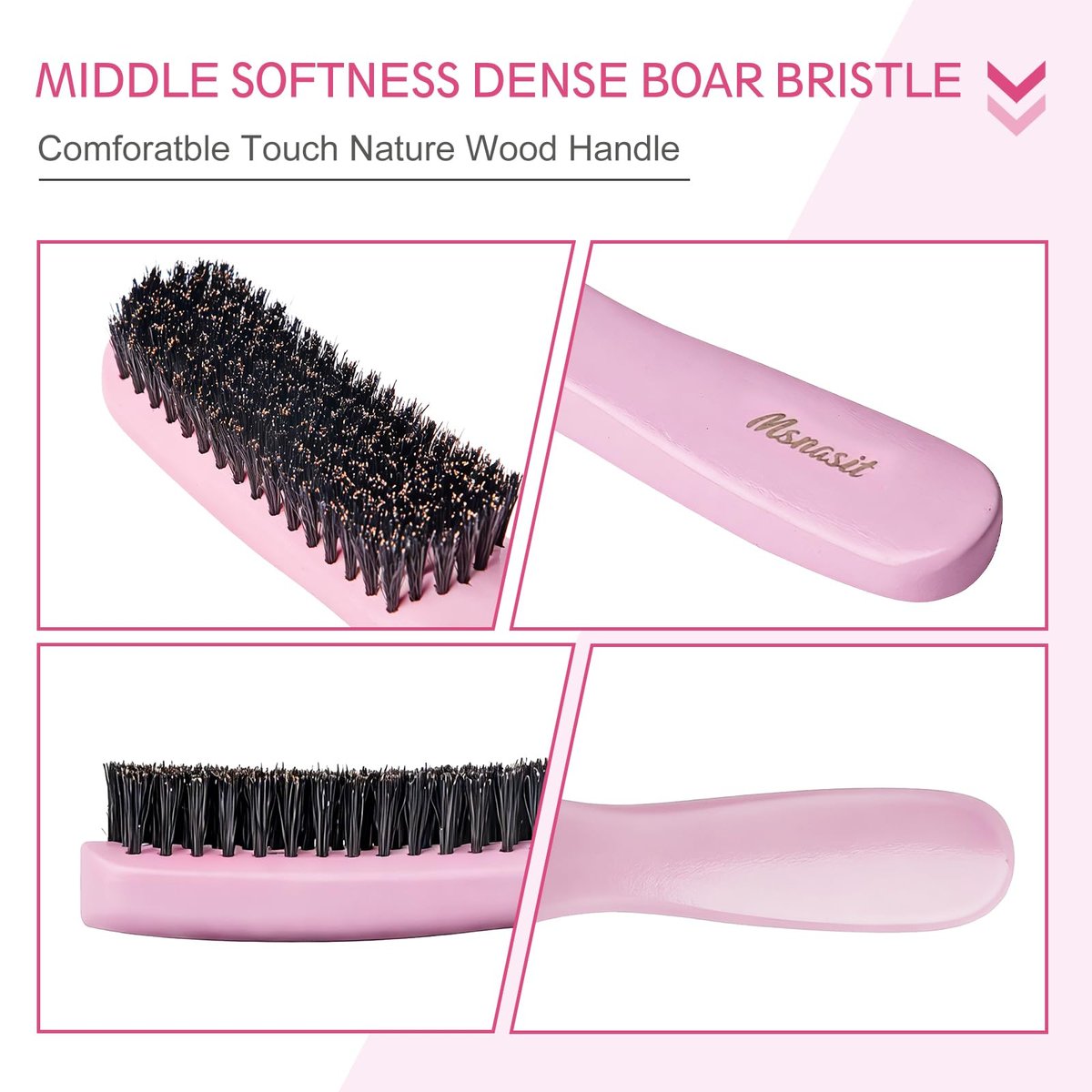 Slick Back Hair Brush - Pink Wood Handle Boar Bristles Smoothing Hairbrush, Anti-Frizz Edge Control for Women and Men Avelisse
