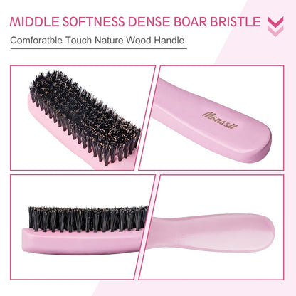 Slick Back Hair Brush - Pink Wood Handle Boar Bristles Smoothing Hairbrush, Anti-Frizz Edge Control for Women and Men Avelisse