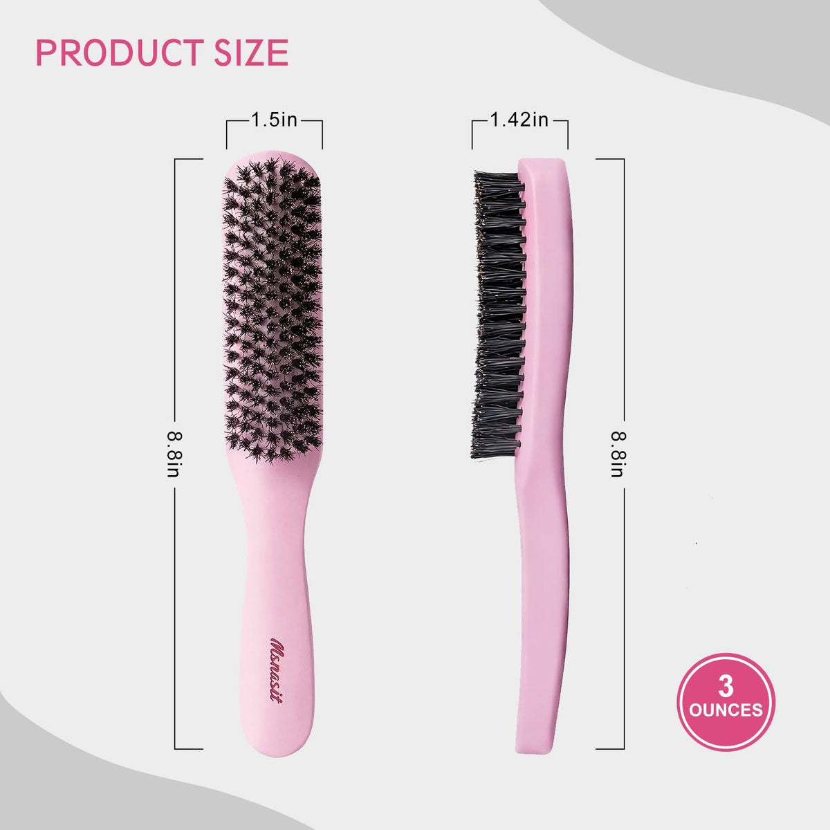 Slick Back Hair Brush - Pink Wood Handle Boar Bristles Smoothing Hairbrush, Anti-Frizz Edge Control for Women and Men Avelisse