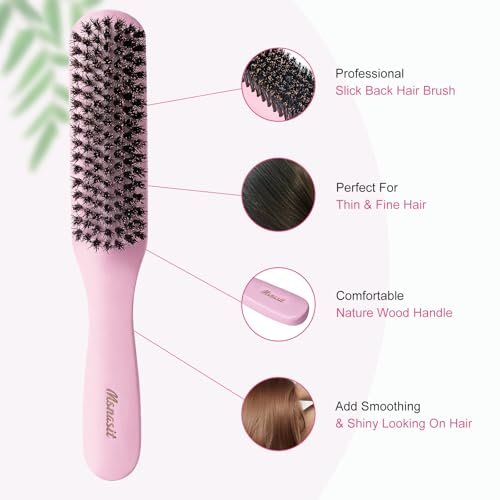 Slick Back Hair Brush - Pink Wood Handle Boar Bristles Smoothing Hairbrush, Anti-Frizz Edge Control for Women and Men Avelisse