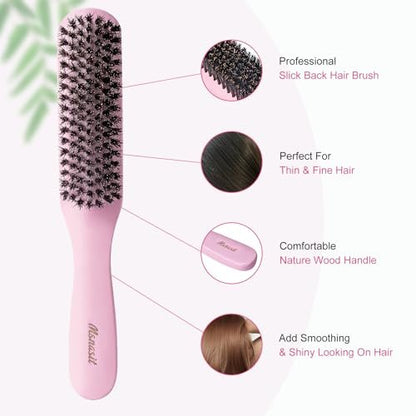 Slick Back Hair Brush - Pink Wood Handle Boar Bristles Smoothing Hairbrush, Anti-Frizz Edge Control for Women and Men Avelisse