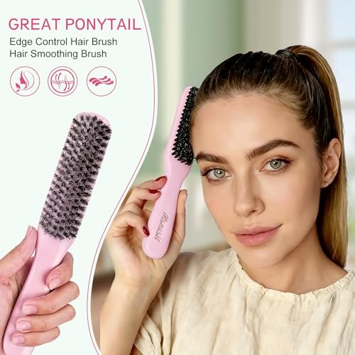 Slick Back Hair Brush - Pink Wood Handle Boar Bristles Smoothing Hairbrush, Anti-Frizz Edge Control for Women and Men Avelisse