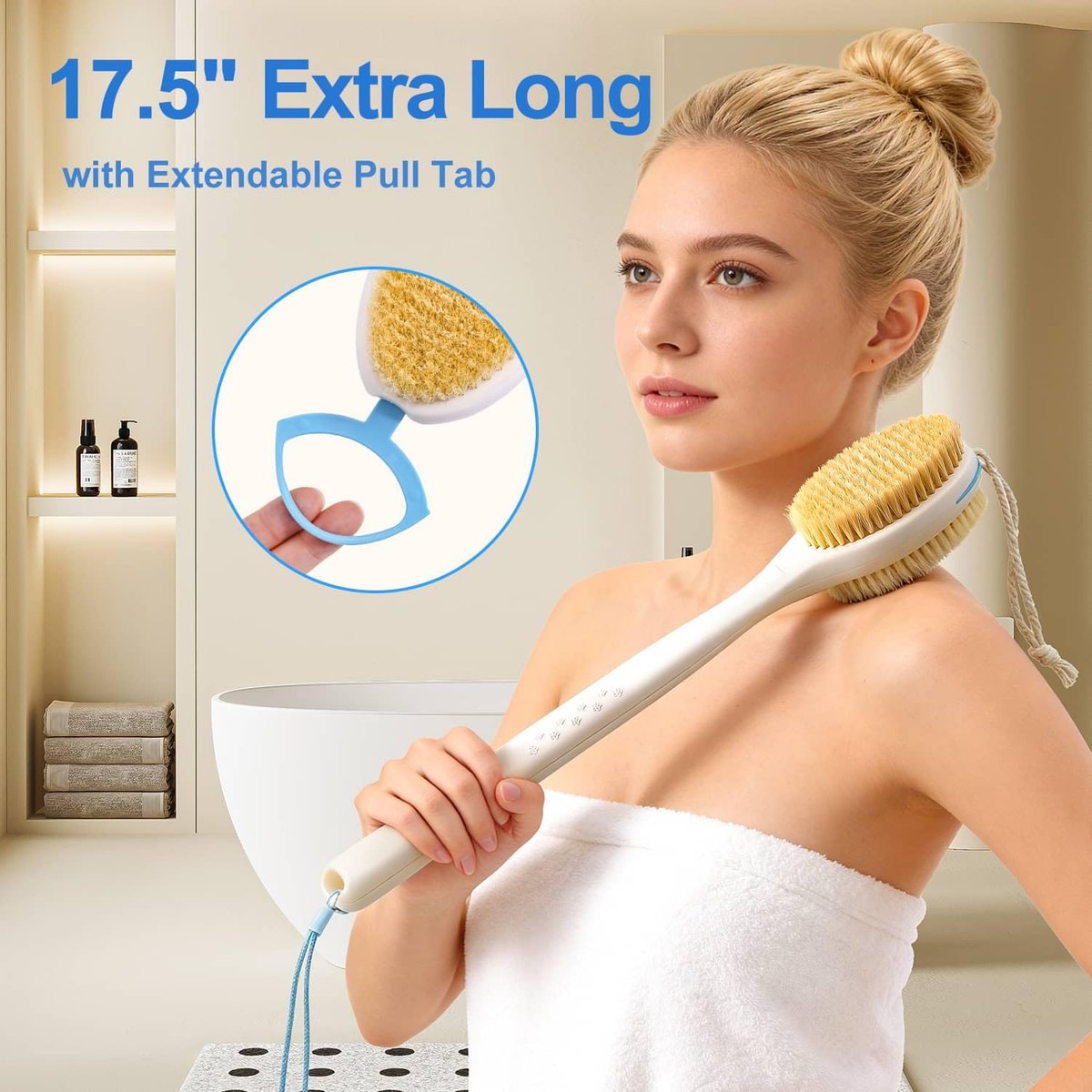 BUBBLEDANCE® Back Scrubber for Shower with Extendable Long Handle (17.5-31.9"), Dual-Sided Shower Brush with Natural Stiff & Soft Bristles, Anti-Slip Body Exfoliator for Bath & Dry Brushing Avelisse