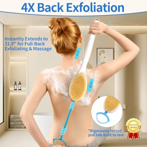 BUBBLEDANCE® Back Scrubber for Shower with Extendable Long Handle (17.5-31.9"), Dual-Sided Shower Brush with Natural Stiff & Soft Bristles, Anti-Slip Body Exfoliator for Bath & Dry Brushing Avelisse