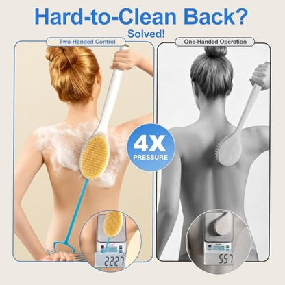 BUBBLEDANCE® Back Scrubber for Shower with Extendable Long Handle (17.5-31.9"), Dual-Sided Shower Brush with Natural Stiff & Soft Bristles, Anti-Slip Body Exfoliator for Bath & Dry Brushing Avelisse