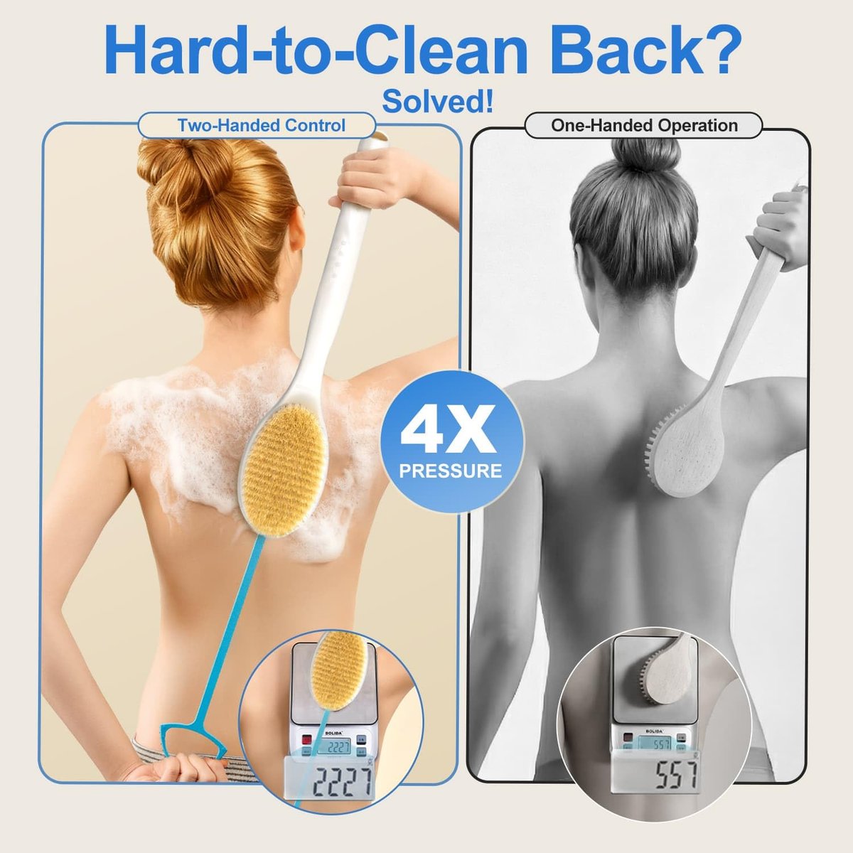 BUBBLEDANCE® Back Scrubber for Shower with Extendable Long Handle (17.5-31.9"), Dual-Sided Shower Brush with Natural Stiff & Soft Bristles, Anti-Slip Body Exfoliator for Bath & Dry Brushing Avelisse