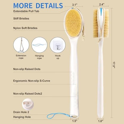 BUBBLEDANCE Extendable Back Scrubber - Dual-Sided Long Handle Shower Brush with Super-Stiff & Soft Bristles, Anti-Slip Body Exfoliator for Deep Exfoliation & Dry Brushing (17.5"-31.9") Avelisse