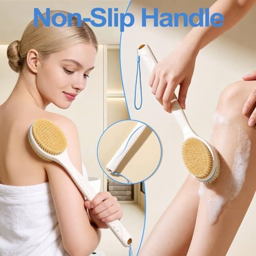 BUBBLEDANCE® Back Scrubber for Shower with Extendable Long Handle (17.5-31.9"), Dual-Sided Shower Brush with Natural Stiff & Soft Bristles, Anti-Slip Body Exfoliator for Bath & Dry Brushing Avelisse