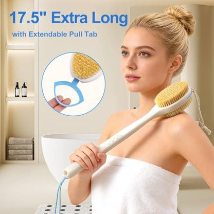 BUBBLEDANCE® Back Scrubber for Shower with Extendable Long Handle (17.5-31.9"), Dual-Sided Shower Brush with Natural Stiff & Soft Bristles, Anti-Slip Body Exfoliator for Bath & Dry Brushing Avelisse
