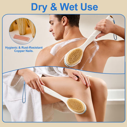 BUBBLEDANCE® Back Scrubber for Shower with Extendable Long Handle (17.5-31.9"), Dual-Sided Shower Brush with Natural Stiff & Soft Bristles, Anti-Slip Body Exfoliator for Bath & Dry Brushing Avelisse