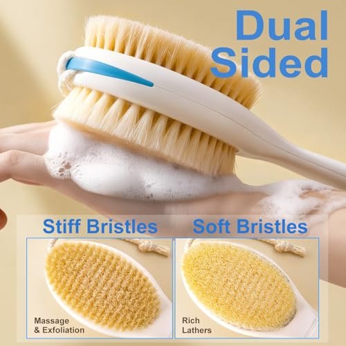 BUBBLEDANCE® Back Scrubber for Shower with Extendable Long Handle (17.5-31.9"), Dual-Sided Shower Brush with Natural Stiff & Soft Bristles, Anti-Slip Body Exfoliator for Bath & Dry Brushing Avelisse