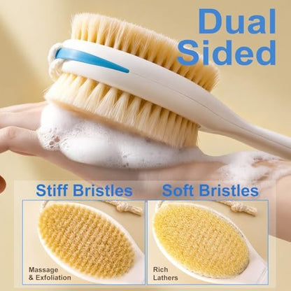 BUBBLEDANCE® Back Scrubber for Shower with Extendable Long Handle (17.5-31.9"), Dual-Sided Shower Brush with Natural Stiff & Soft Bristles, Anti-Slip Body Exfoliator for Bath & Dry Brushing Avelisse