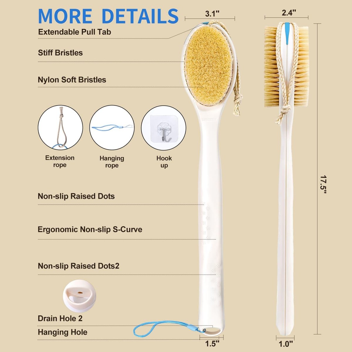 BUBBLEDANCE® Back Scrubber for Shower with Extendable Long Handle (17.5-31.9"), Dual-Sided Shower Brush with Natural Stiff & Soft Bristles, Anti-Slip Body Exfoliator for Bath & Dry Brushing Avelisse