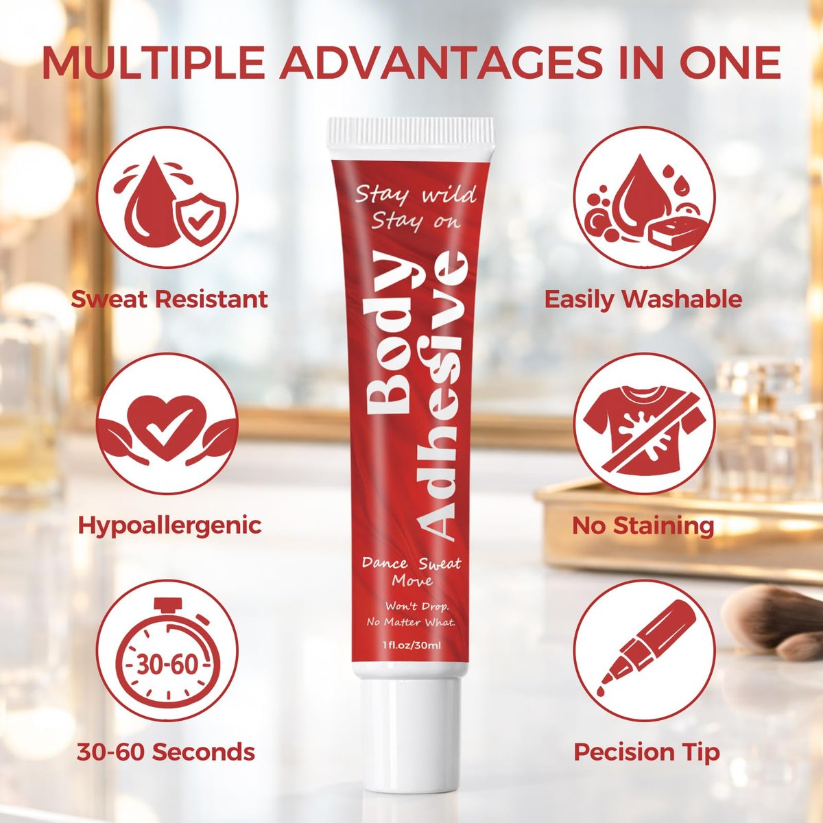 Body Glue Adhesive for Clothes and Skin – Liquid Butt Adhesive for Dancers, Fashion Tape Alternative for Low-Cut Styles, Bras, Wigs, Stockings, and Costumes Avelisse