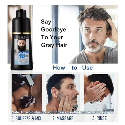 Fvquhvo Men's Beard Dye & Hair Dye Shampoo - Semi-Permanent Black Color for Instant Gray Coverage, Natural Formula, Works in 10 Minutes (500ml) Avelisse