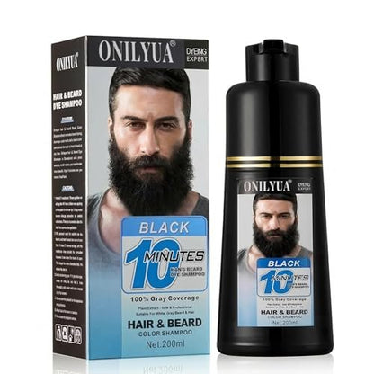 Fvquhvo Men's Beard Dye & Hair Dye Shampoo - Semi-Permanent Black Color for Instant Gray Coverage, Natural Formula, Works in 10 Minutes (500ml) Avelisse