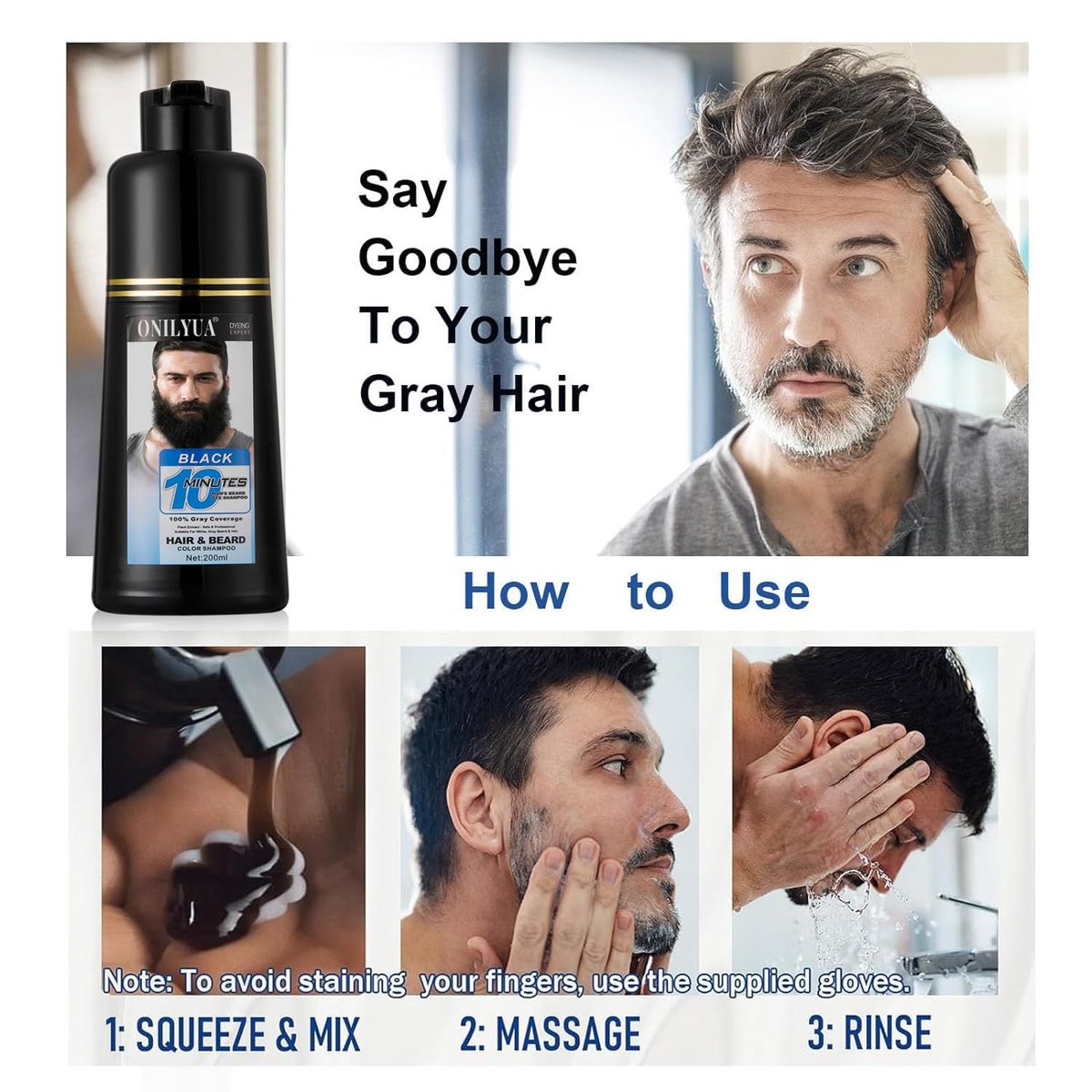 Fvquhvo Men's Beard Dye & Hair Dye Shampoo - Semi-Permanent Black Color for Instant Gray Coverage, Natural Formula, Works in 10 Minutes (500ml) Avelisse