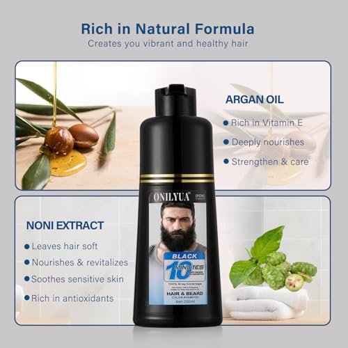 Fvquhvo Men's Beard Dye & Hair Dye Shampoo - Semi-Permanent Black Color for Instant Gray Coverage, Natural Formula, Works in 10 Minutes (500ml) Avelisse