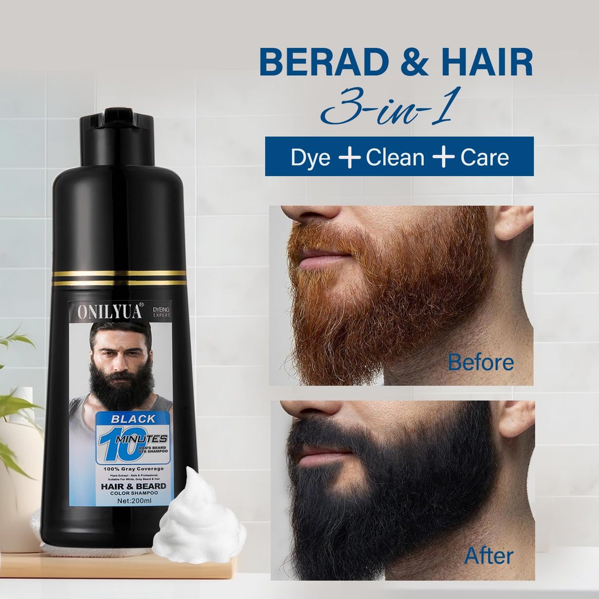 Fvquhvo Men's Beard Dye & Hair Dye Shampoo - Semi-Permanent Black Color for Instant Gray Coverage, Natural Formula, Works in 10 Minutes (500ml) Avelisse
