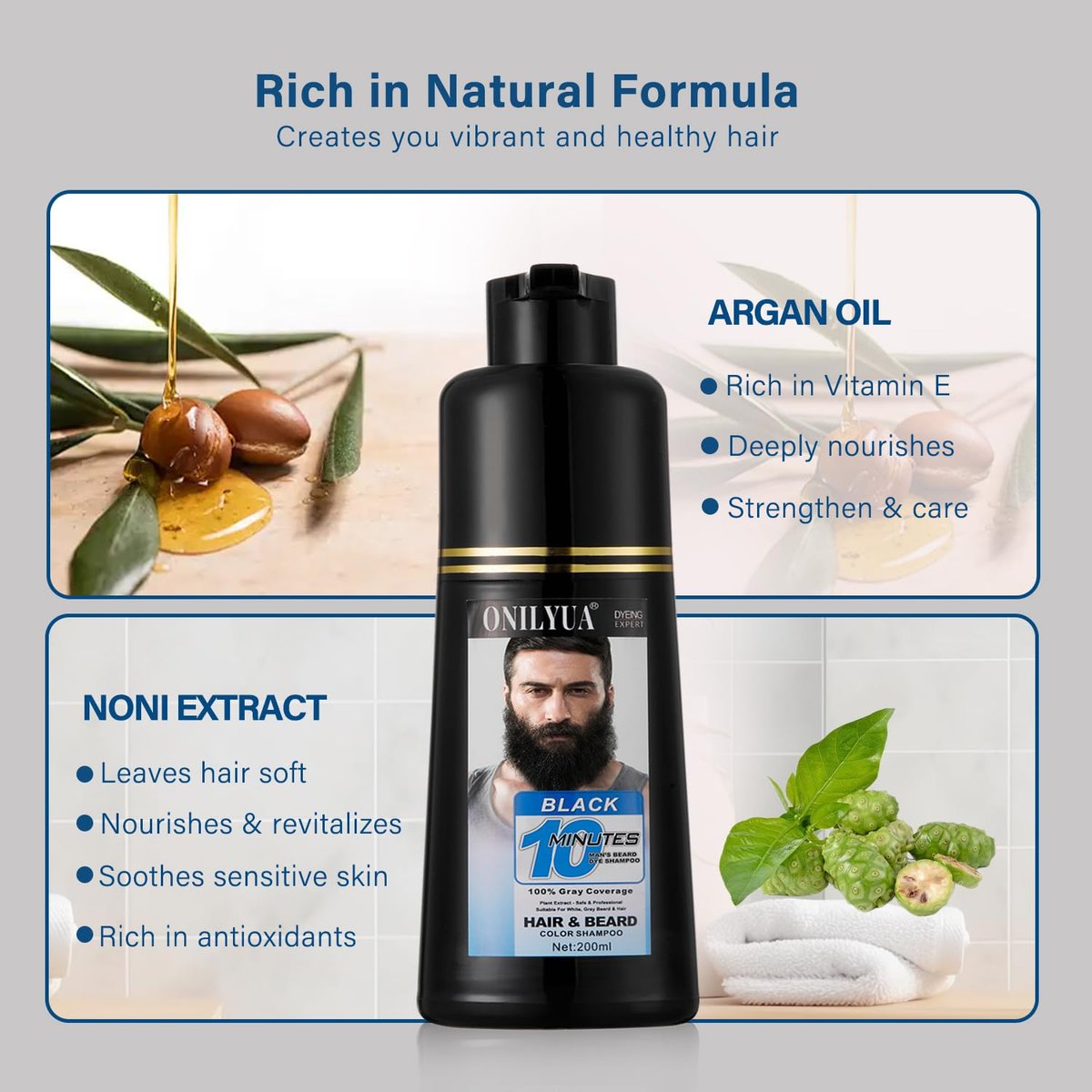 Fvquhvo Men's Beard Dye & Hair Dye Shampoo - Semi-Permanent Black Color for Instant Gray Coverage, Natural Formula, Works in 10 Minutes (500ml) Avelisse
