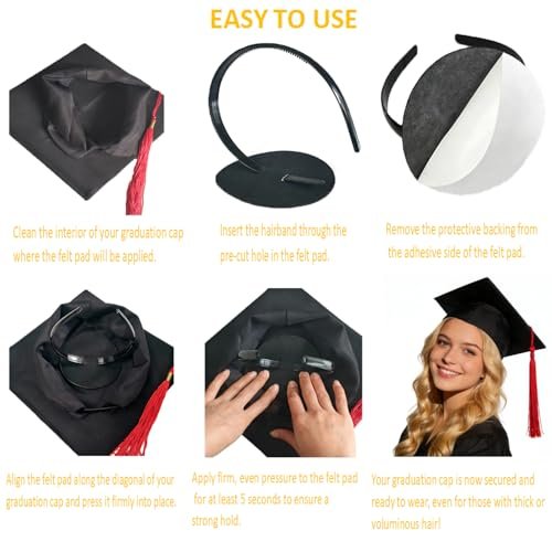 Amsomyin 2 Pack Graduation Cap Headband Insert - Firm Anti-Fall Hair Band Holder with Hook and Loop Sticker for Secure Grad Hat & Hairstyle (Black, Cap Not Included) - görsel 12