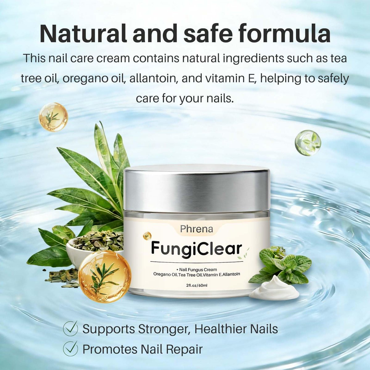 Phrena Nail Care Cream - Natural Nail Repair with Tea Tree Oil, Oregano Oil, Vitamin E & Allantoin - 60ml/2.03 fl oz Avelisse