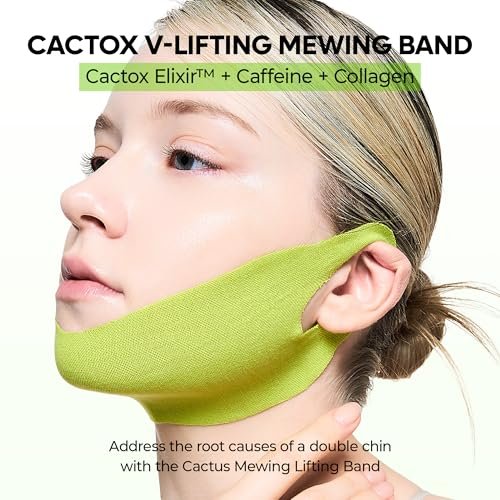 Dr.Melaxin CACTOX V-Lifting Mewing Band – Cactox + Caffeine + Collagen Double Chin Lifting Band for Sagging Jawline & Facial Puffiness | 115.49% Jaw & Chin Lifting Improvement | Korean V-Line Lifting (Green, 4 Pack) Avelisse